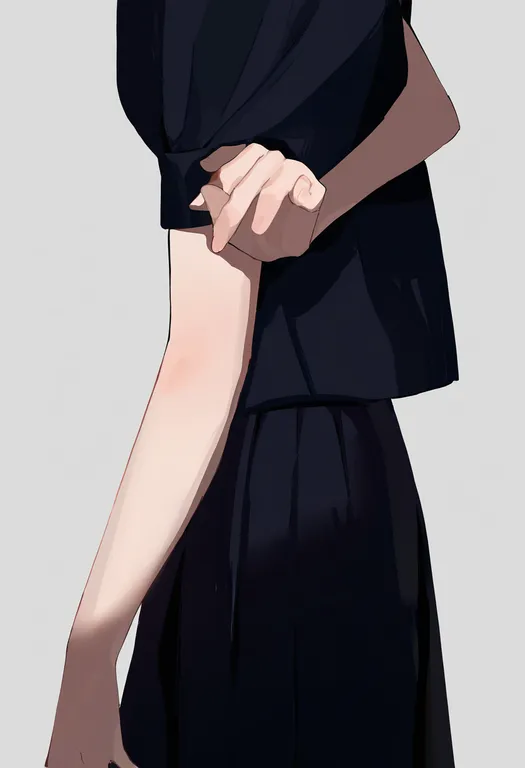 masterpiece, best quality, newest, absurdres, highres, safe, holding_own_arm, 1girl, solo, simple_background — by k3scat, made with ComfyUI