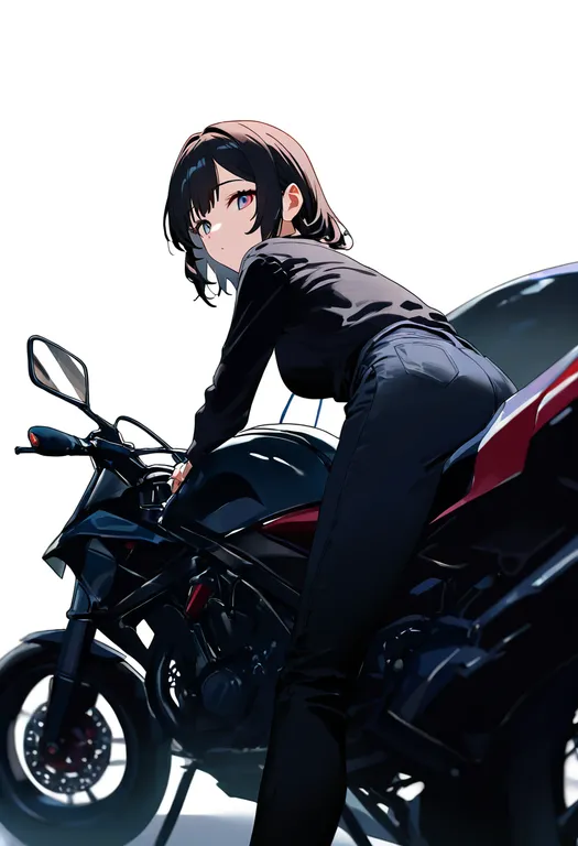 masterpiece, best quality, newest, absurdres, highres, safe, motorcycle, 1girl, solo, simple_background — by k3scat, made with ComfyUI