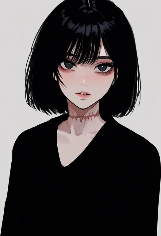 masterpiece, best quality, newest, absurdres, highres, safe, scar_on_neck, 1girl, solo, simple_background — by k3scat, made with ComfyUI