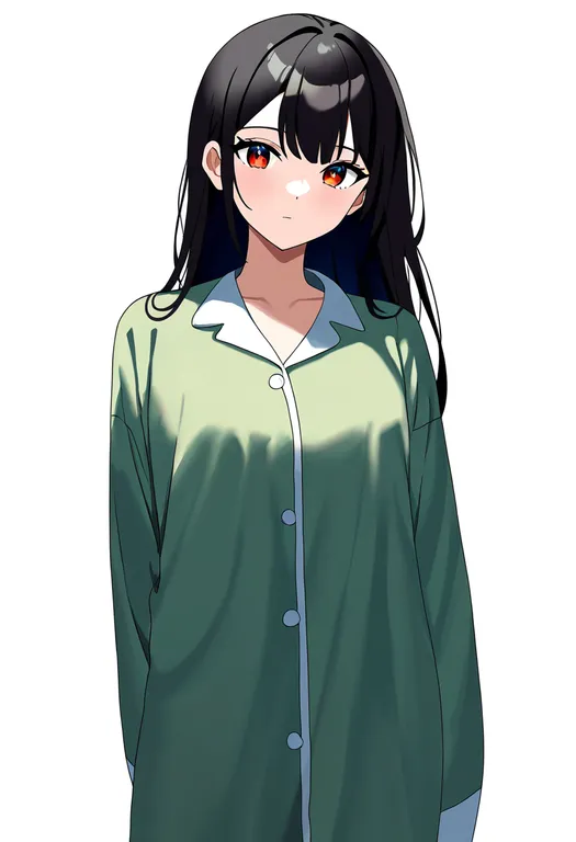 masterpiece, best quality, newest, absurdres, highres, safe, green_pajamas, 1girl, solo, simple_background — by k3scat, made with ComfyUI