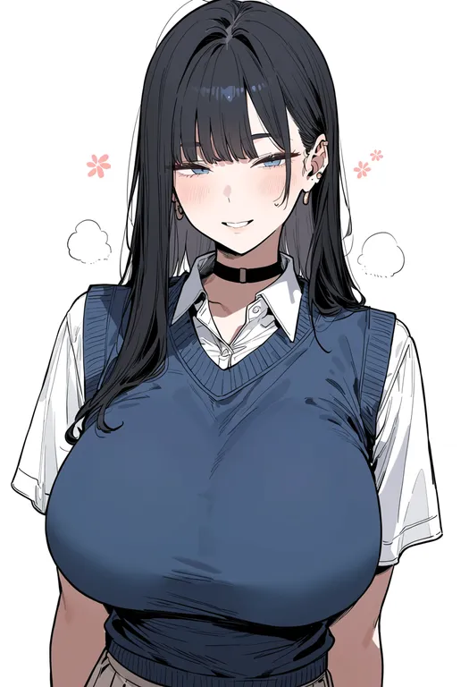 masterpiece, best quality, score_7, safe, blue sweater vest, 1girl, solo, simple background — by k3scat, made with ComfyUI