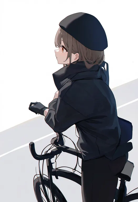 masterpiece, best quality, newest, absurdres, highres, safe, bicycle, 1girl, solo, simple_background — by k3scat, made with ComfyUI