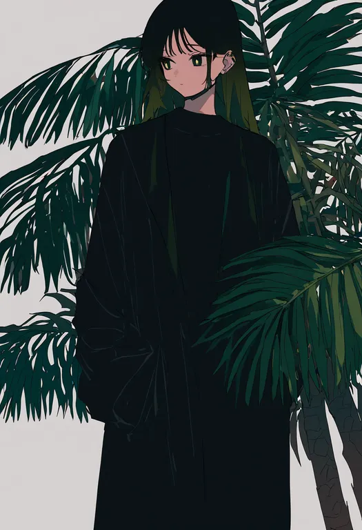 masterpiece, best quality, newest, absurdres, highres, safe, palm_leaf, 1girl, solo, simple_background — by k3scat, made with ComfyUI