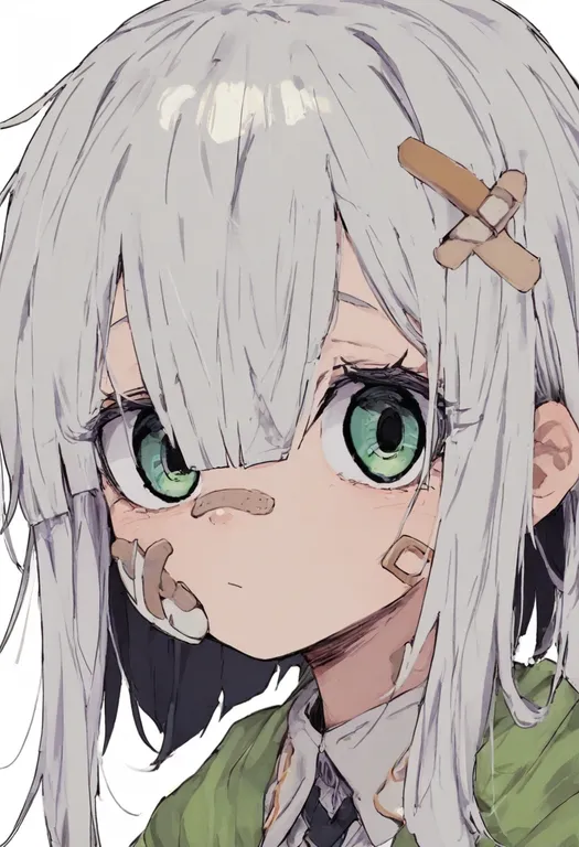 masterpiece, best quality, general, bandaid on cheek, 1girl, solo, simple background — by k3scat, made with ComfyUI
