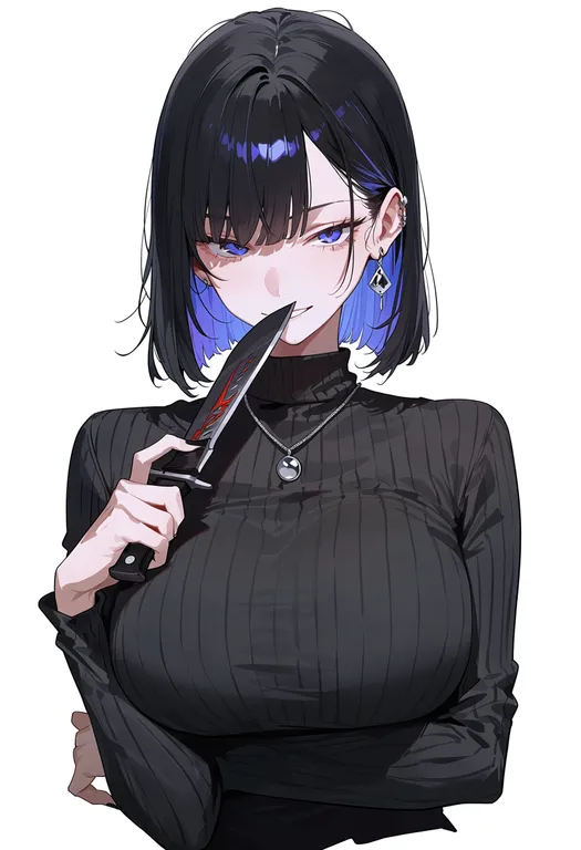 masterpiece, best quality, score_7, safe, knife, 1girl, solo, upper body, simple background — by k3scat, made with ComfyUI
