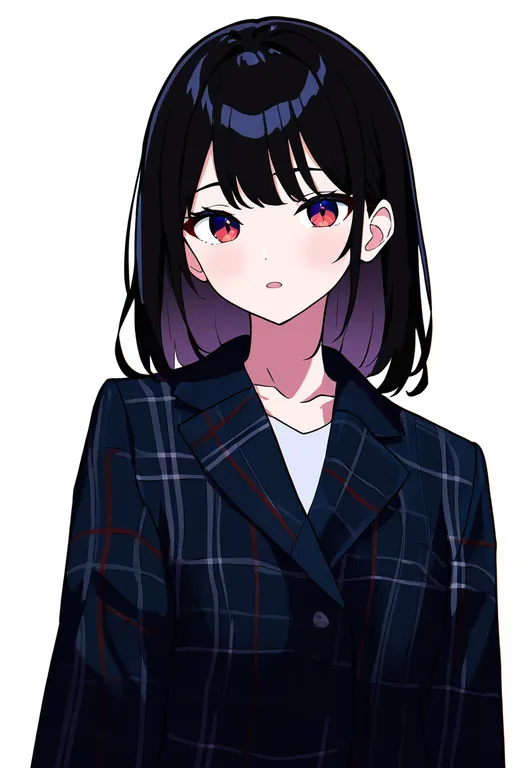 masterpiece, best quality, newest, absurdres, highres, safe, plaid_jacket, 1girl, solo, simple_background — by k3scat, made with ComfyUI
