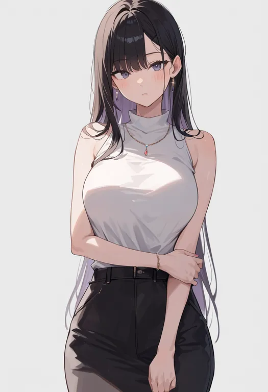 masterpiece, best quality, score_7, safe, holding own arm, 1girl, solo, simple background — by k3scat, made with ComfyUI
