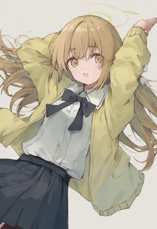 masterpiece, best quality, general, yellow cardigan, 1girl, solo, simple background — by k3scat, made with ComfyUI