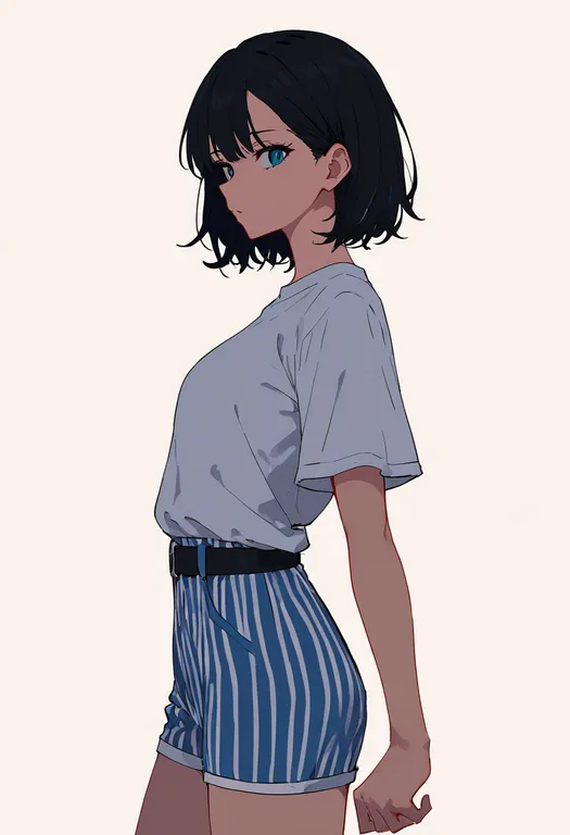 masterpiece, best quality, newest, absurdres, highres, safe, striped_shorts, 1girl, solo, simple_background — by k3scat, made with ComfyUI
