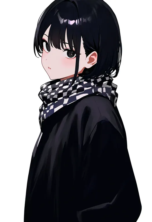 masterpiece, best quality, newest, absurdres, highres, safe, checkered_scarf, 1girl, solo, simple_background — by k3scat, made with ComfyUI