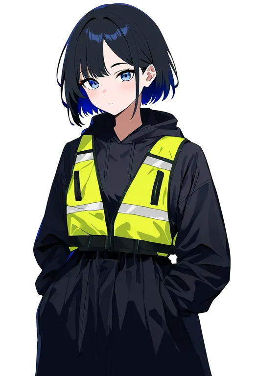 masterpiece, best quality, newest, absurdres, highres, safe, high-visibility_vest, 1girl, solo, simple_background — by k3scat, made with ComfyUI