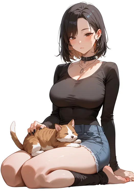 masterpiece, best quality, score_7, safe, animal on lap, 1girl, solo, simple background — by k3scat, made with ComfyUI