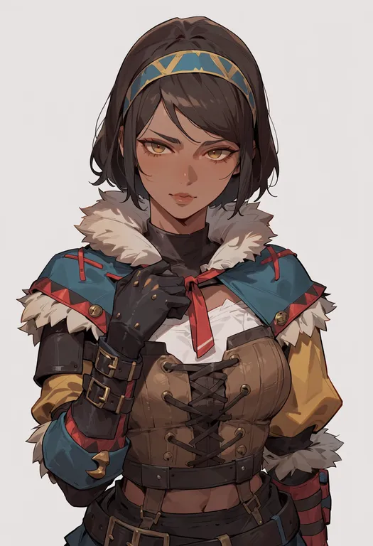 masterpiece, best quality, score_7, safe, monster hunter (character), solo, upper body, simple background — by k3scat, made with ComfyUI