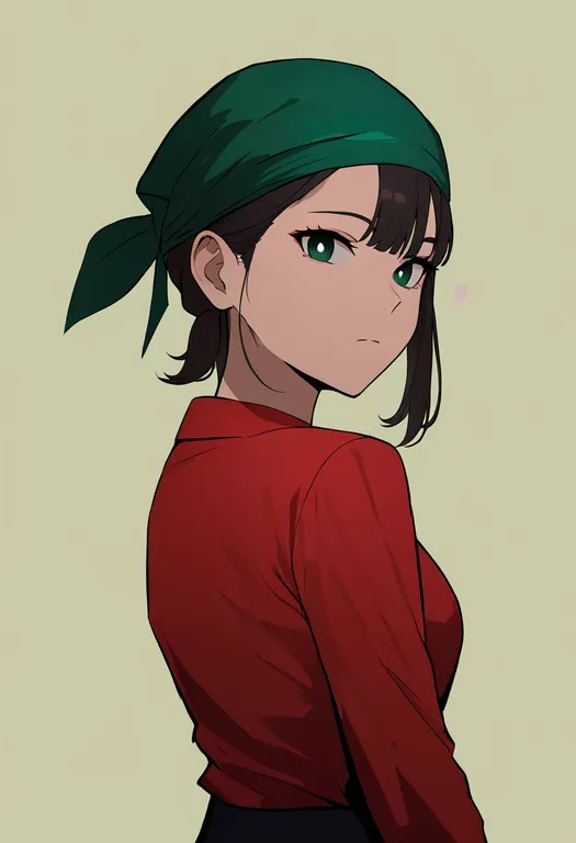 masterpiece, best quality, newest, absurdres, highres, safe, green_bandana, 1girl, solo, simple_background — by k3scat, made with ComfyUI