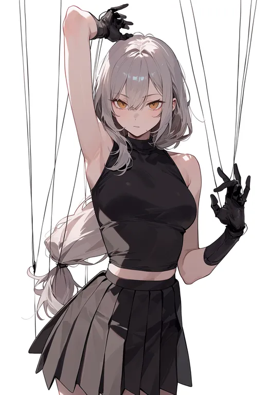 masterpiece, best quality, score_7, safe, puppet strings, 1girl, solo, simple background — by k3scat, made with ComfyUI