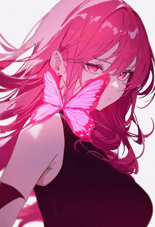 masterpiece, best quality, newest, absurdres, highres, safe, pink_butterfly, 1girl, solo, simple_background — by k3scat, made with ComfyUI