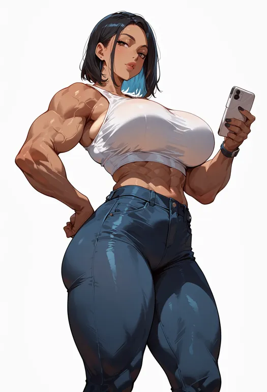 masterpiece, best quality, score_7, safe, alternate muscle size, 1girl, solo, simple background — by k3scat, made with ComfyUI