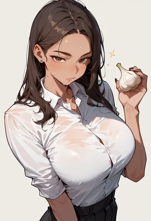 masterpiece, best quality, score_7, safe, garlic, 1girl, solo, upper body, simple background — by k3scat, made with ComfyUI