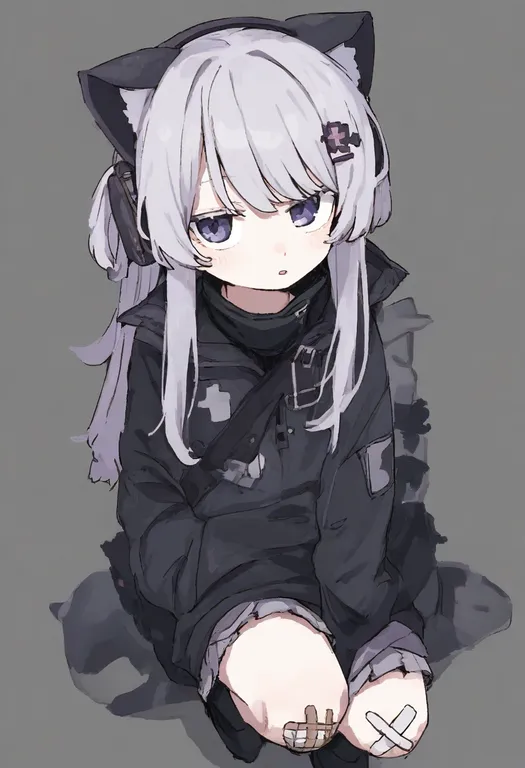 masterpiece, best quality, general, bandaid on knee, 1girl, solo, simple background — by k3scat, made with ComfyUI