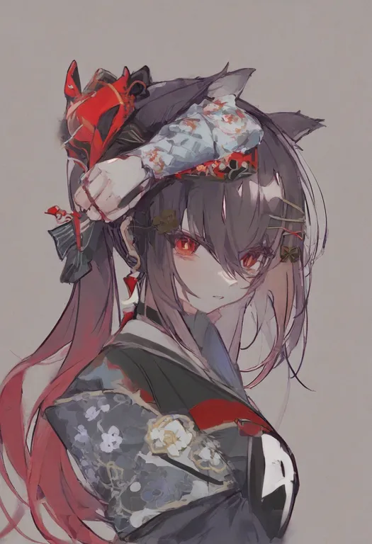 masterpiece, best quality, general, mask on head, 1girl, solo, simple background — by k3scat, made with ComfyUI