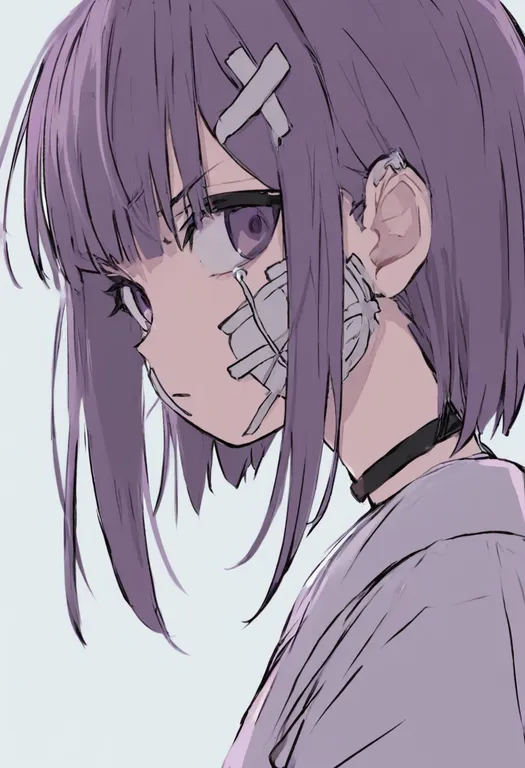 masterpiece, best quality, general, gauze on cheek, 1girl, solo, simple background — by k3scat, made with ComfyUI