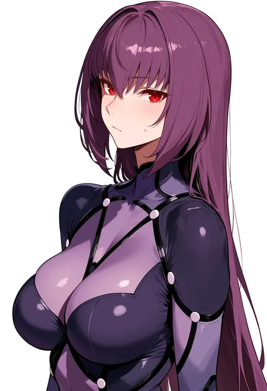 masterpiece, best quality, score_7, safe, scathach (third ascension) (fate), solo, upper body, simple background — by k3scat, made with ComfyUI