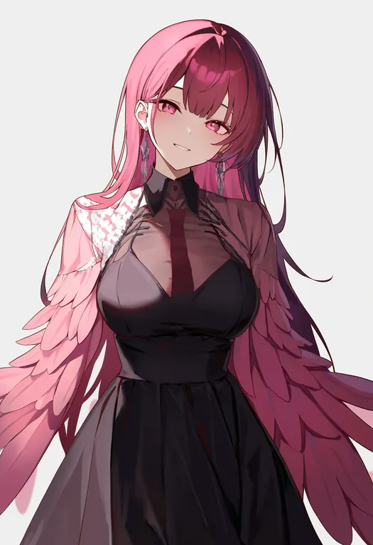 masterpiece, best quality, newest, absurdres, highres, safe, pink_feathers, 1girl, solo, simple_background — by k3scat, made with ComfyUI