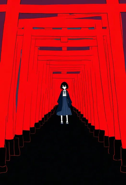 masterpiece, best quality, newest, absurdres, highres, safe, multiple_torii, 1girl, solo, simple_background — by k3scat, made with ComfyUI