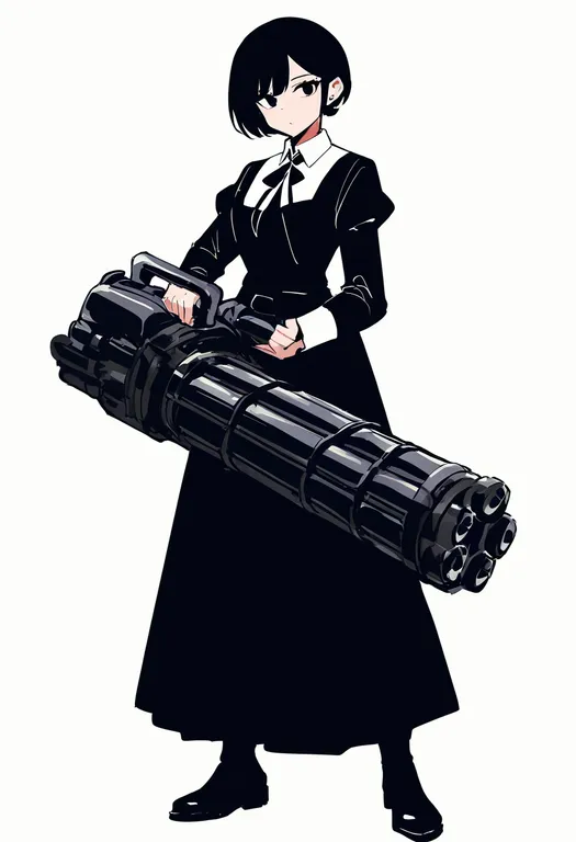 masterpiece, best quality, newest, absurdres, highres, safe, minigun, 1girl, solo, simple_background — by k3scat, made with ComfyUI