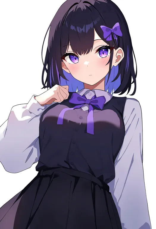 masterpiece, best quality, newest, absurdres, highres, safe, purple_bow, 1girl, solo, simple_background — by k3scat, made with ComfyUI