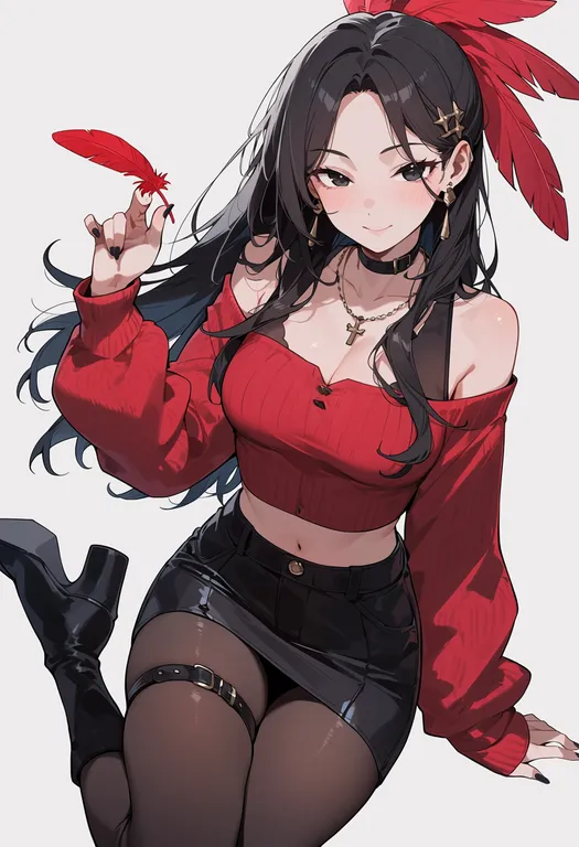 masterpiece, best quality, score_7, safe, red feathers, 1girl, solo, simple background — by k3scat, made with ComfyUI
