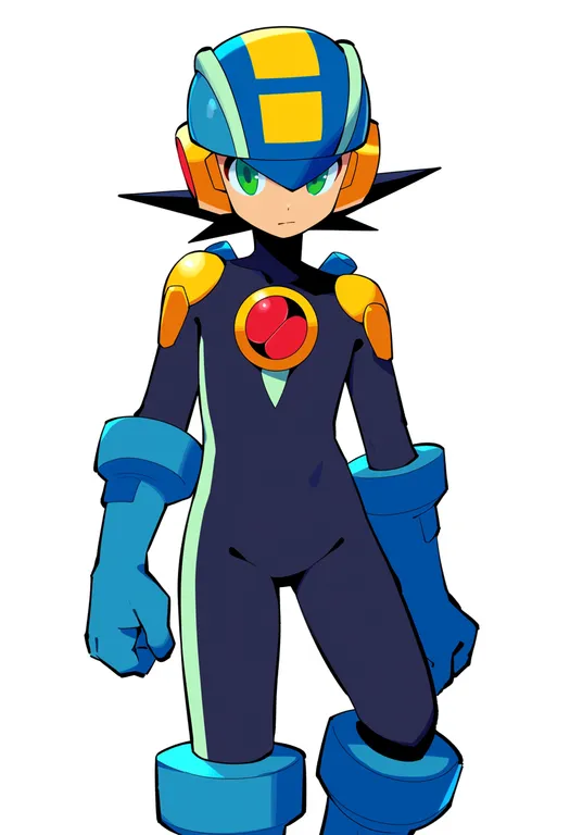 masterpiece, best quality, score_7, safe, mega man battle network (series), solo, simple background — by k3scat, made with ComfyUI