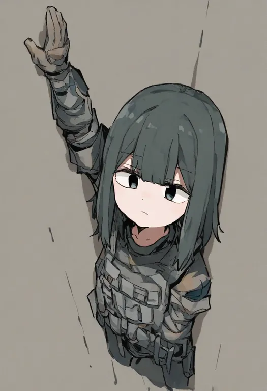 masterpiece, best quality, general, against wall, 1girl, solo, simple background — by k3scat, made with ComfyUI