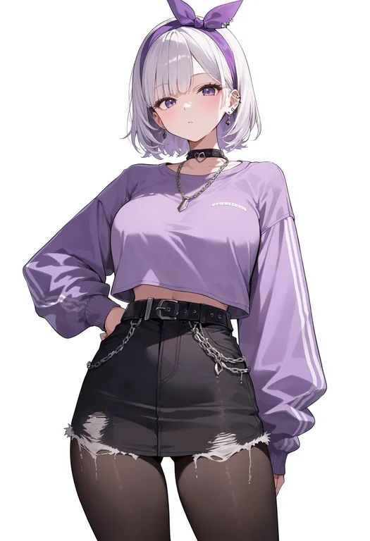 masterpiece, best quality, score_7, safe, purple hairband, 1girl, solo, simple background — by k3scat, made with ComfyUI