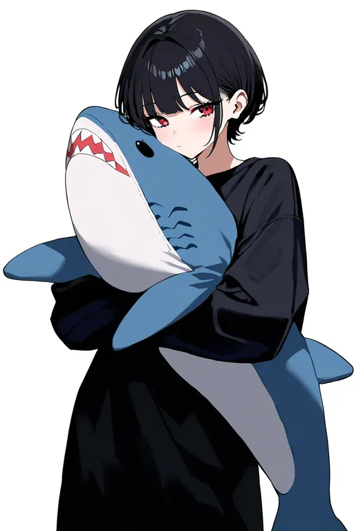 masterpiece, best quality, newest, absurdres, highres, safe, stuffed_shark, 1girl, solo, simple_background — by k3scat, made with ComfyUI