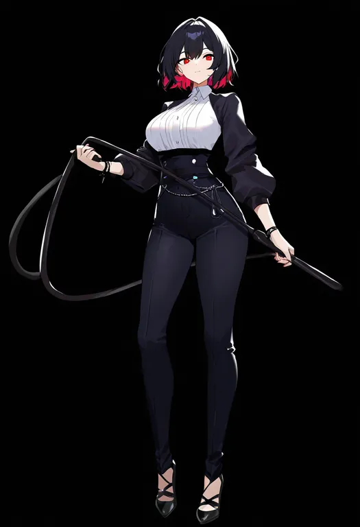 masterpiece, best quality, newest, absurdres, highres, safe, holding_whip, 1girl, solo, simple_background — by k3scat, made with ComfyUI