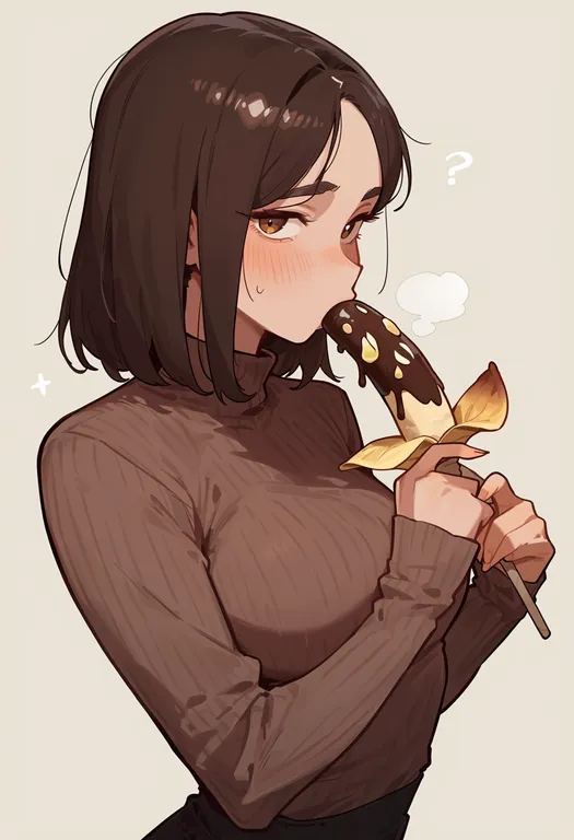 masterpiece, best quality, score_7, safe, chocolate banana, 1girl, solo, upper body, simple background — by k3scat, made with ComfyUI