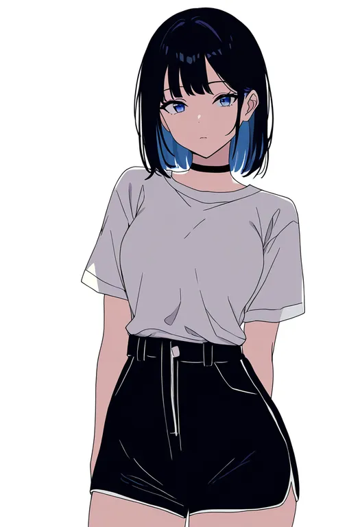 masterpiece, best quality, newest, absurdres, highres, safe, high-waist_shorts, 1girl, solo, simple_background — by k3scat, made with ComfyUI