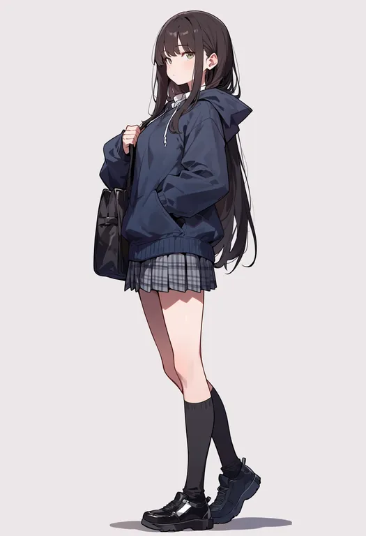 masterpiece, best quality, score_7, safe, plaid skirt, 1girl, solo, full body, simple background — by k3scat, made with ComfyUI