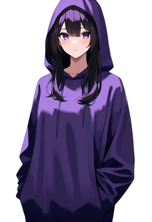 masterpiece, best quality, newest, absurdres, highres, safe, purple_hoodie, 1girl, solo, simple_background — by k3scat, made with ComfyUI