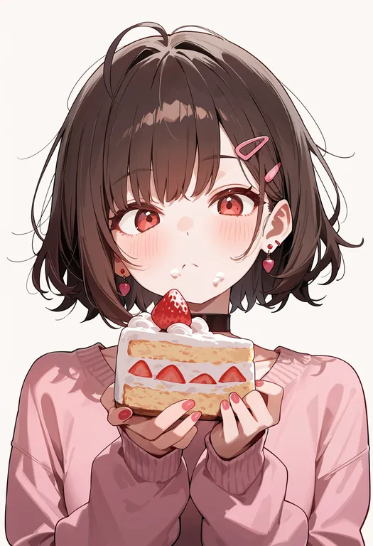 masterpiece, best quality, score_7, safe, strawberry cake, 1girl, solo, upper body, simple background — by k3scat, made with ComfyUI