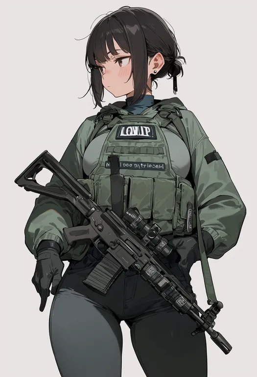 masterpiece, best quality, score_7, safe, ammunition belt, 1girl, solo, simple background — by k3scat, made with ComfyUI