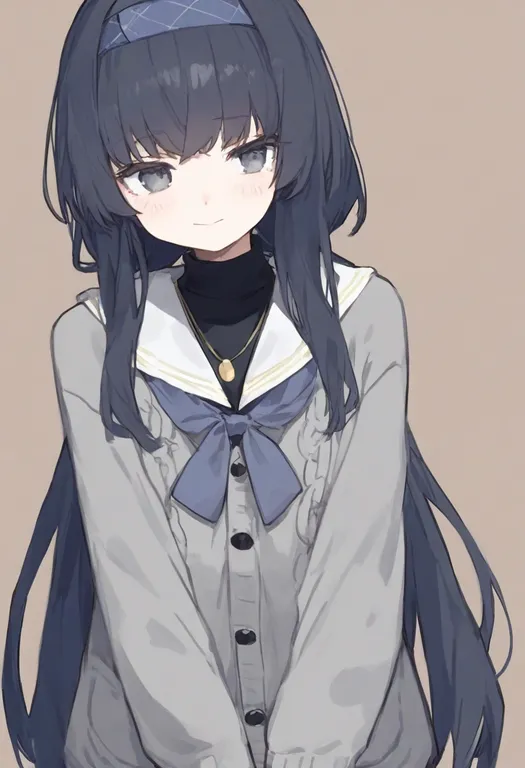 masterpiece, best quality, general, grey cardigan, 1girl, solo, simple background — by k3scat, made with ComfyUI