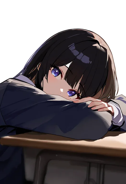 masterpiece, best quality, newest, absurdres, highres, safe, school_desk, 1girl, solo, simple_background — by k3scat, made with ComfyUI