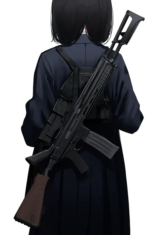 masterpiece, best quality, newest, absurdres, highres, safe, gun_on_back, 1girl, solo, simple_background — by k3scat, made with ComfyUI