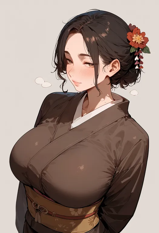 masterpiece, best quality, score_7, safe, brown kimono, 1girl, solo, simple background — by k3scat, made with ComfyUI