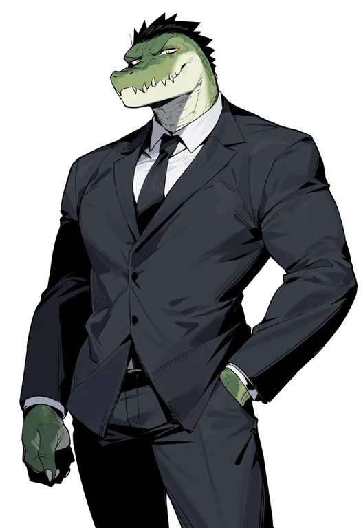 masterpiece, best quality, score_7, safe, crocodile boy, 1boy, solo, simple background — by k3scat, made with ComfyUI