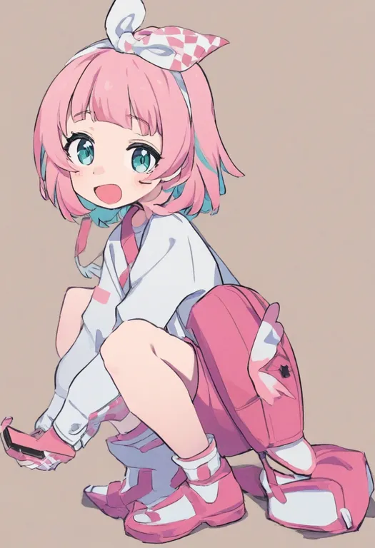masterpiece, best quality, general, pink shorts, 1girl, solo, simple background — by k3scat, made with ComfyUI
