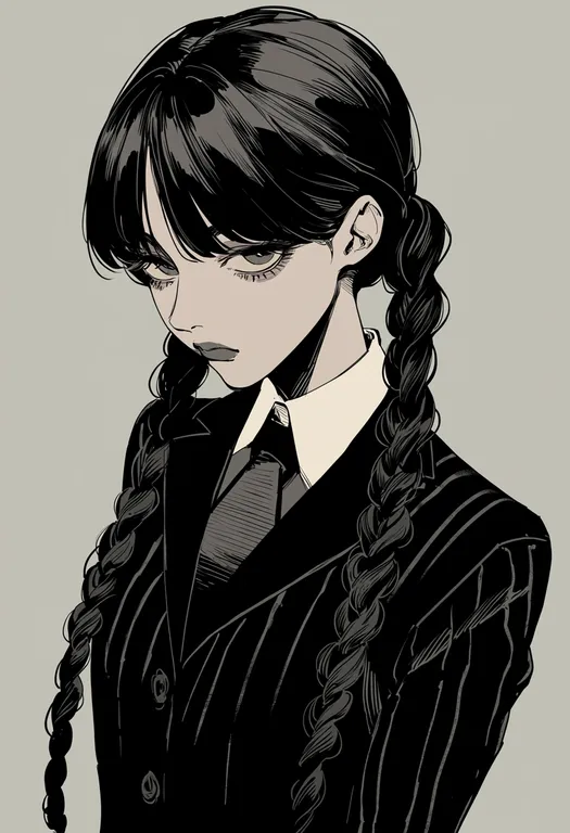 masterpiece, best quality, score_7, safe, wednesday addams, solo, upper body, simple background — by k3scat, made with ComfyUI