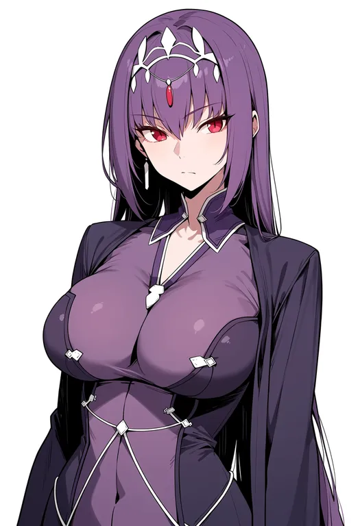 masterpiece, best quality, score_7, safe, scathach-skadi (fate), solo, upper body, simple background — by k3scat, made with ComfyUI